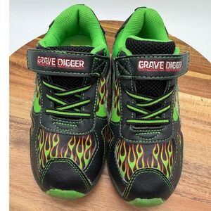 Monster Jam Grave Digger Light Up Size 12 Black Green Flames Shoes   0374